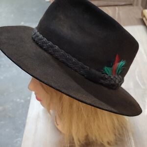 Vtg. FLETCHER Black Fedora Hat with Feather Accent